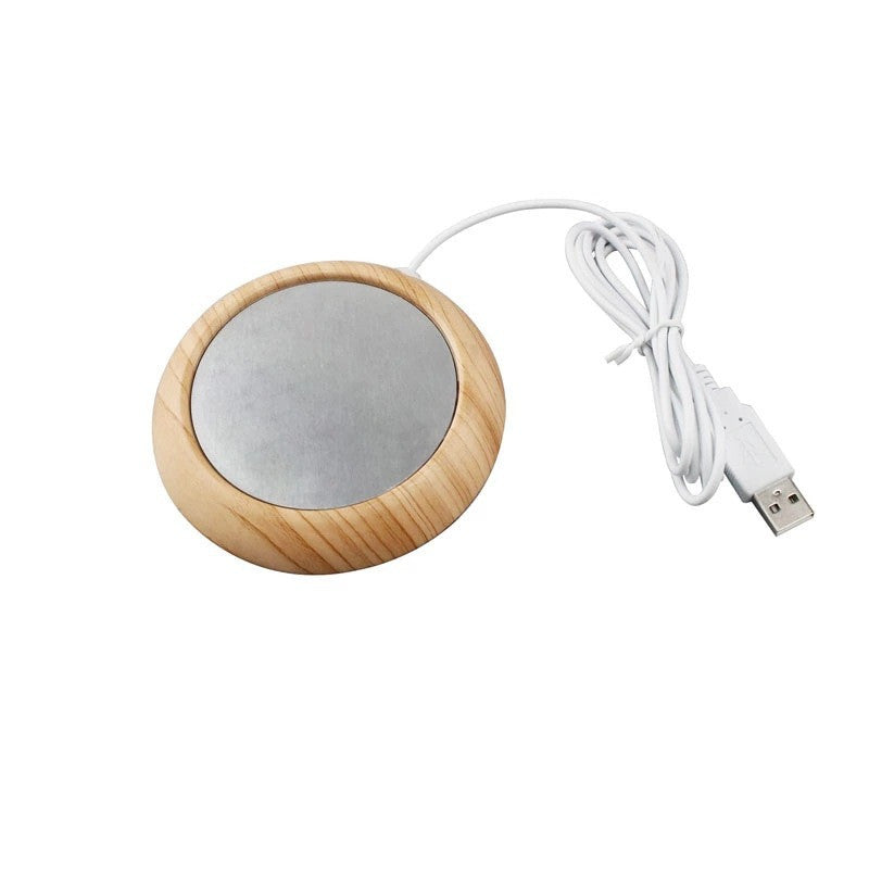 Wood look USB coaster warmer with mug