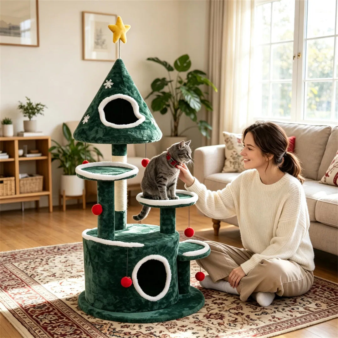 Christmas themed cat tree with bell balls