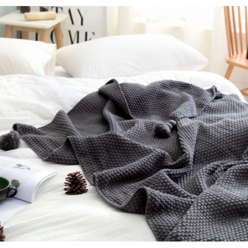Colverro™ Chunky Waffle Knit Throw Blanket with Pom-Pom Tassels