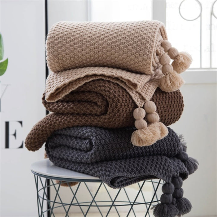 Colverro™ Chunky Waffle Knit Throw Blanket with Pom-Pom Tassels