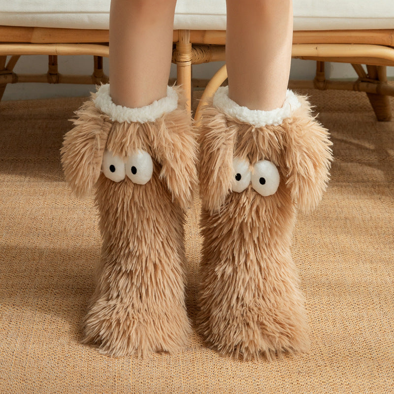 Fluffy plush socks with cartoon eyes