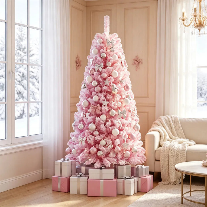 Pink flocked Christmas tree with warm lights