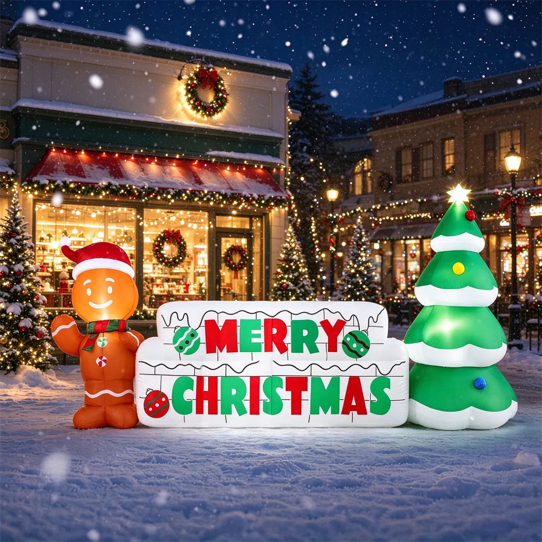 Inflatable Merry Christmas sign with gingerbread man on a lawn