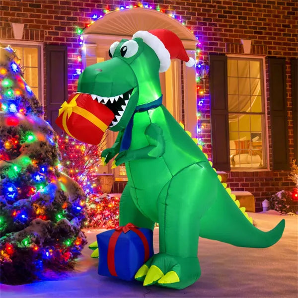 Inflatable T-rex dinosaur with Santa hat