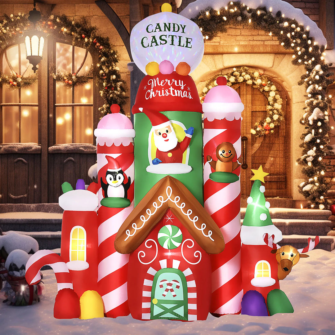 Giant inflatable Christmas candy castle lit up