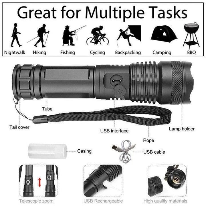 Colverro™ Rechargeable XHP50 LED Flashlight with Zoom and Battery Indicator