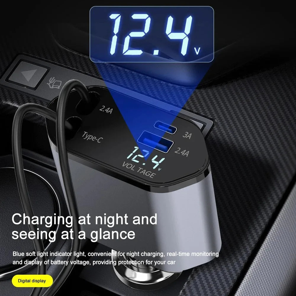 Colverro™ 120W Car Charger with Retractable Cables and Voltage Display