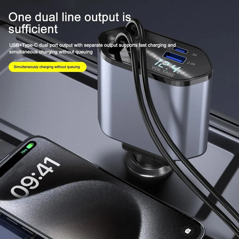 Colverro™ 120W Car Charger with Retractable Cables and Voltage Display
