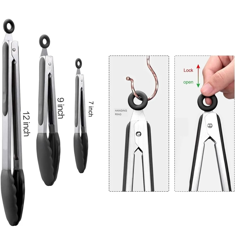 Colverro™ Silicone Kitchen Tongs Set of 3 with Locking Handles