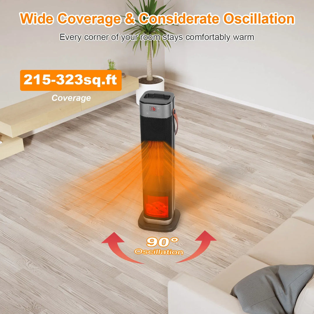 Black tower space heater with glowing flame effect window