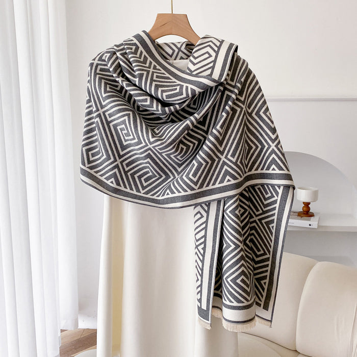 Colverro Wearable Fringe Shawl Cape with Geometric Pattern