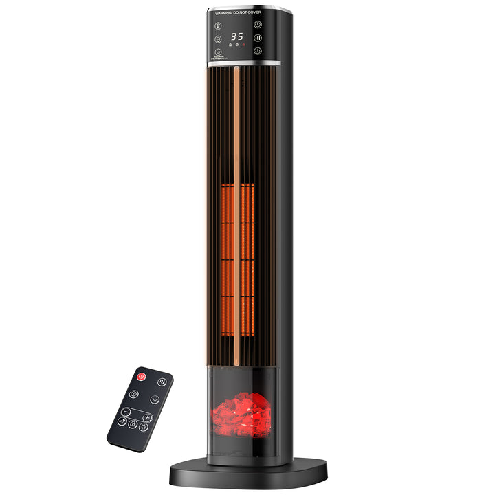 Tall black ceramic tower heater with flame effect panel