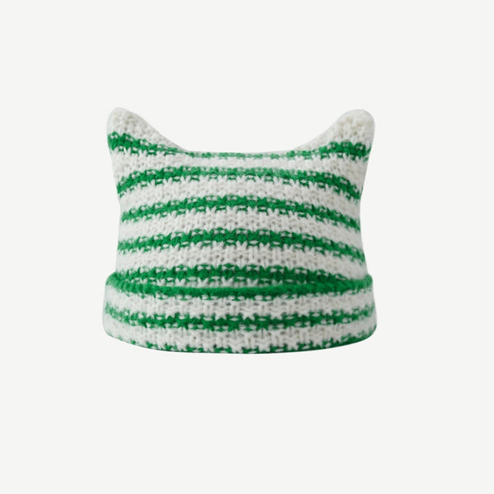 Striped cat ear beanie with pompom ties