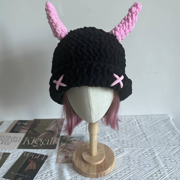 Colverro Hand-Crocheted Devil Horn Bucket Hat, Chunky Knit