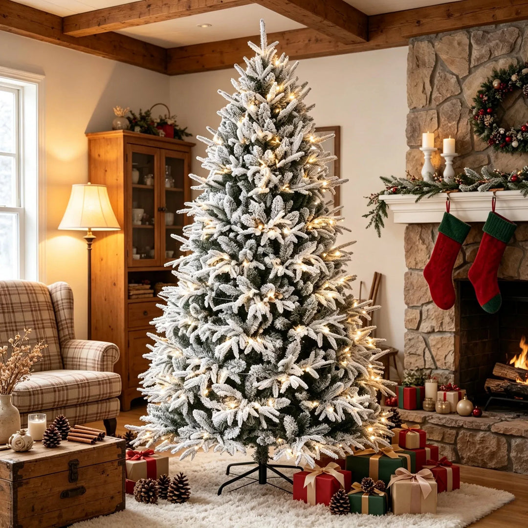 Full snow flocked pre-lit Christmas tree