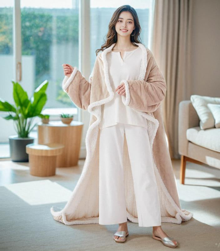Gray wearable heated blanket with sleeves