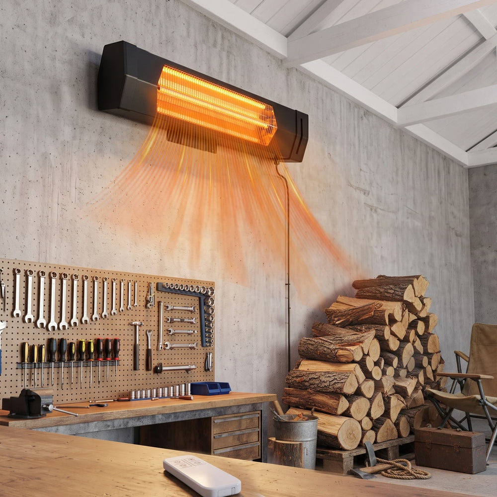 Black infrared heater mounted on a patio wall