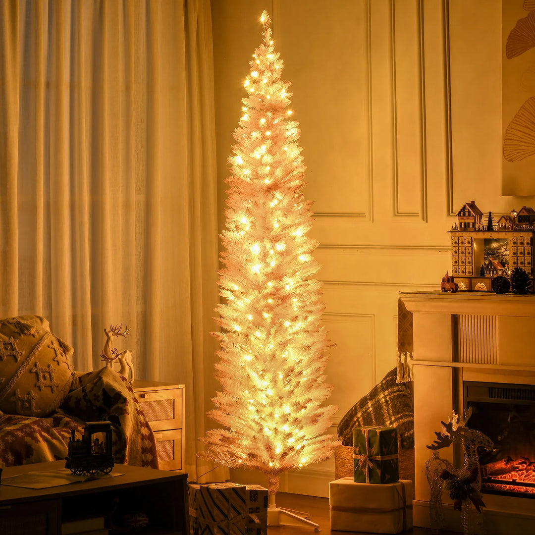 Tall pink pencil Christmas tree with warm lights