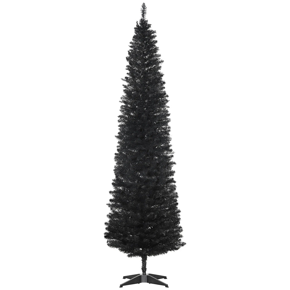 Slim black pencil Christmas tree in a living room