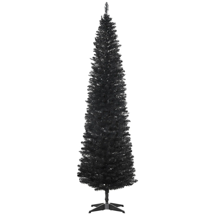 Slim black pencil Christmas tree in a living room