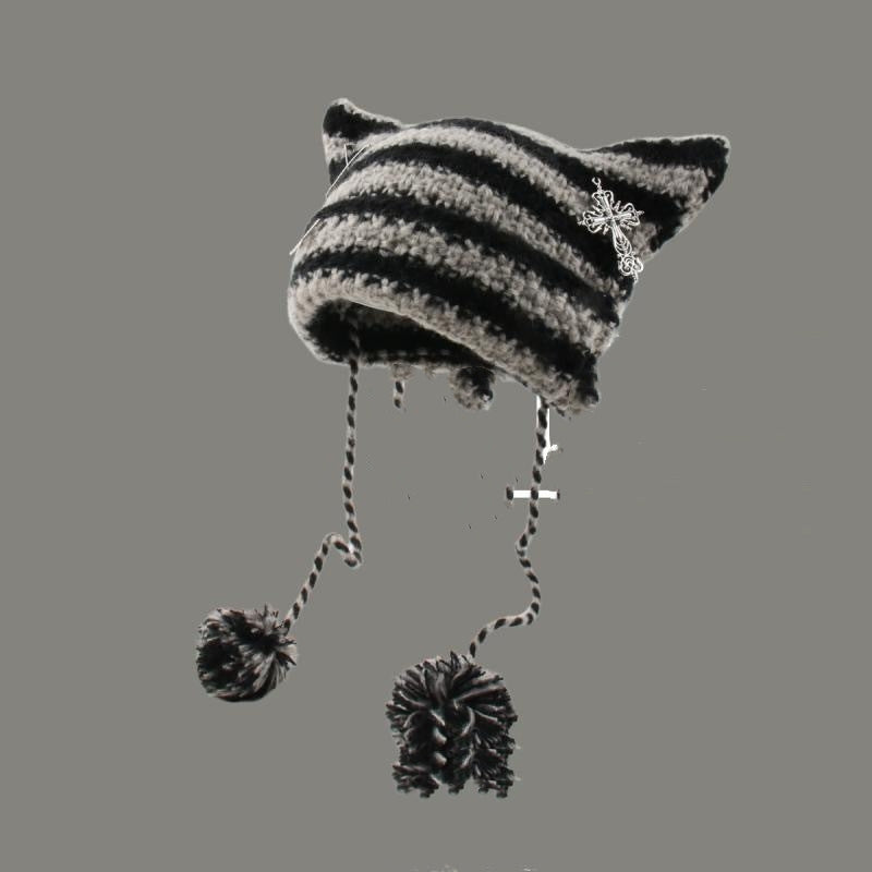 Striped cat ear beanie with pompom ties