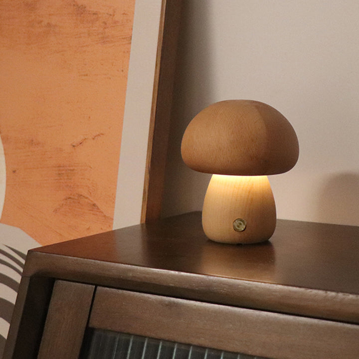 Wooden mushroom lamp glowing warm
