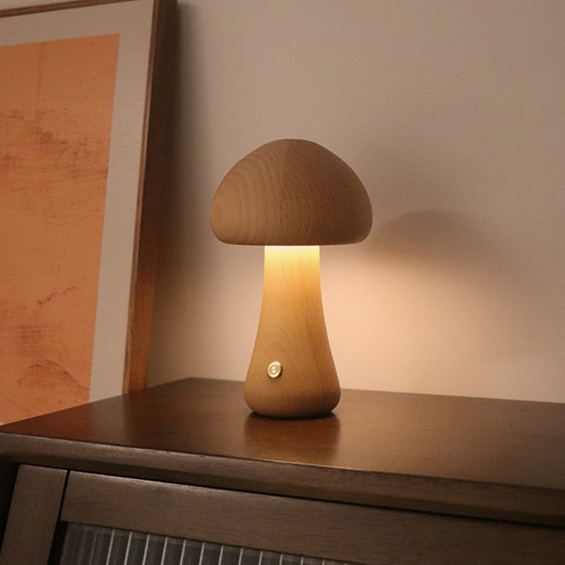 Wooden mushroom lamp glowing warm