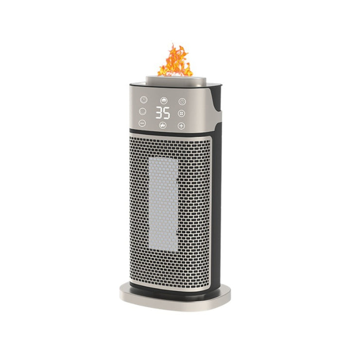 Silver tower fan heater with glowing flame-effect humidifier