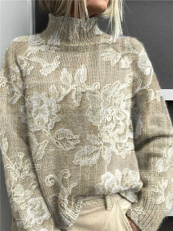 Woman in a floral printed turtleneck sweater