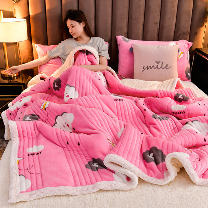 Three-layer quilted sherpa winter blanket
