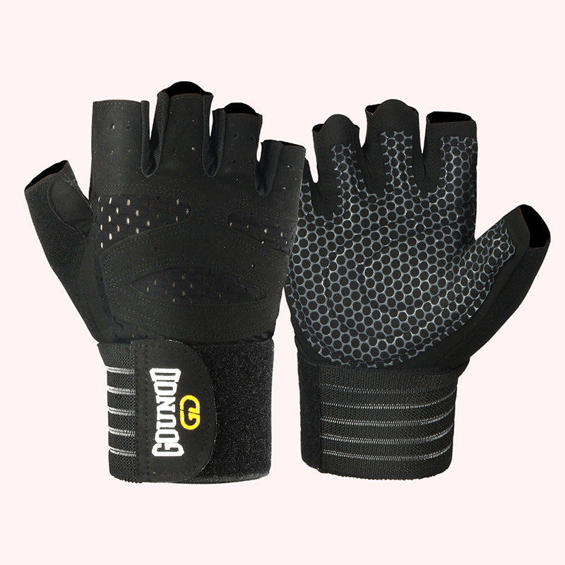 Black half-finger gym gloves with wrist wrap