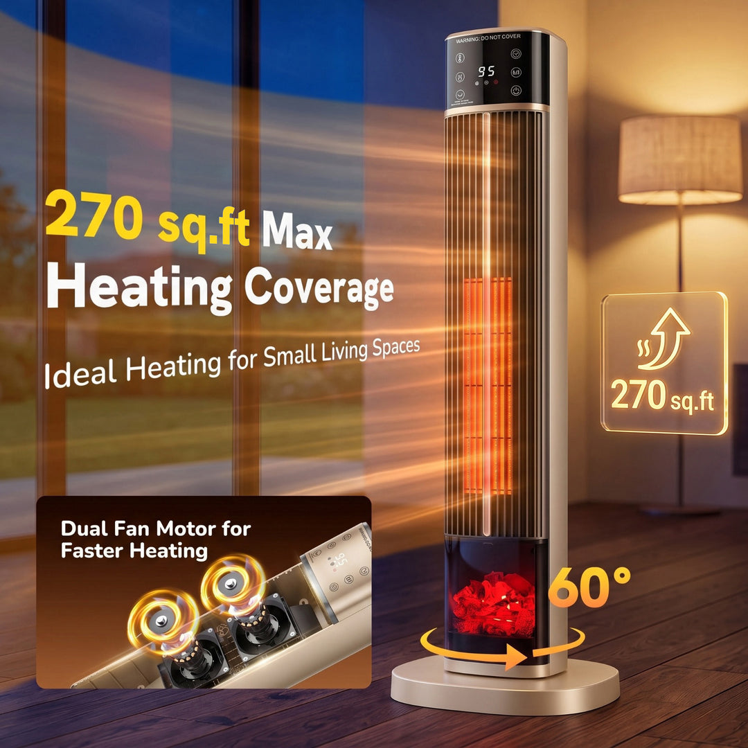 Tall black ceramic tower heater with flame effect panel