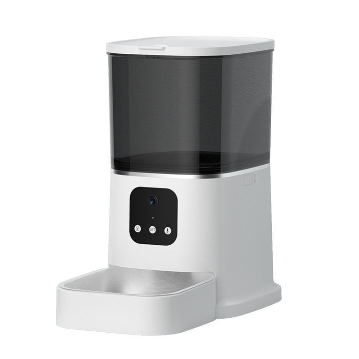 White automatic pet feeder with steel bowl