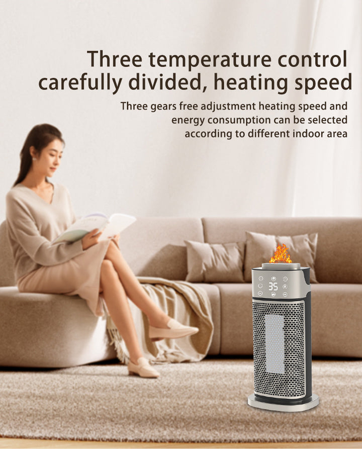 Silver tower fan heater with glowing flame-effect humidifier
