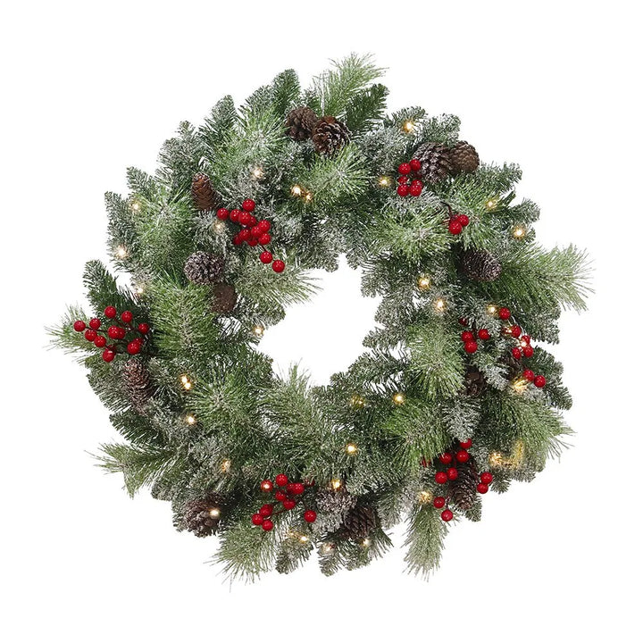 Lighted Christmas wreath with pine cones