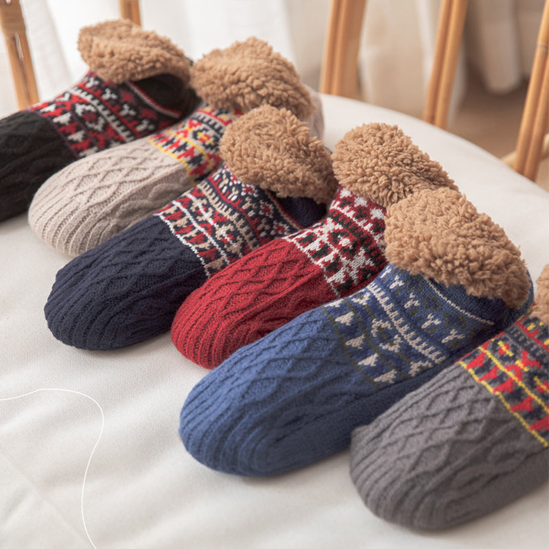 Knit slipper socks with fleece cuff