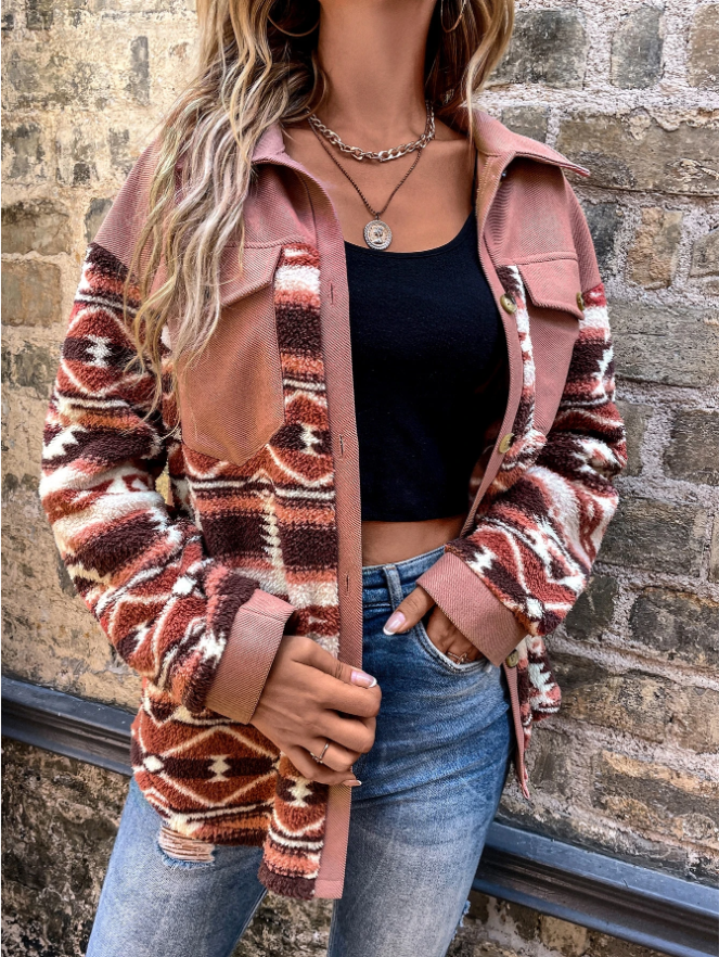 Colverro Shacket Coat with Geometric Print Sleeves