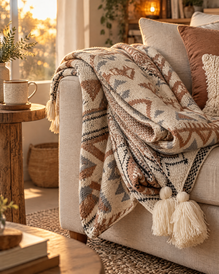 Colverro™ Boho Knit Throw Blanket with Tassels in Soft Neutral Beige