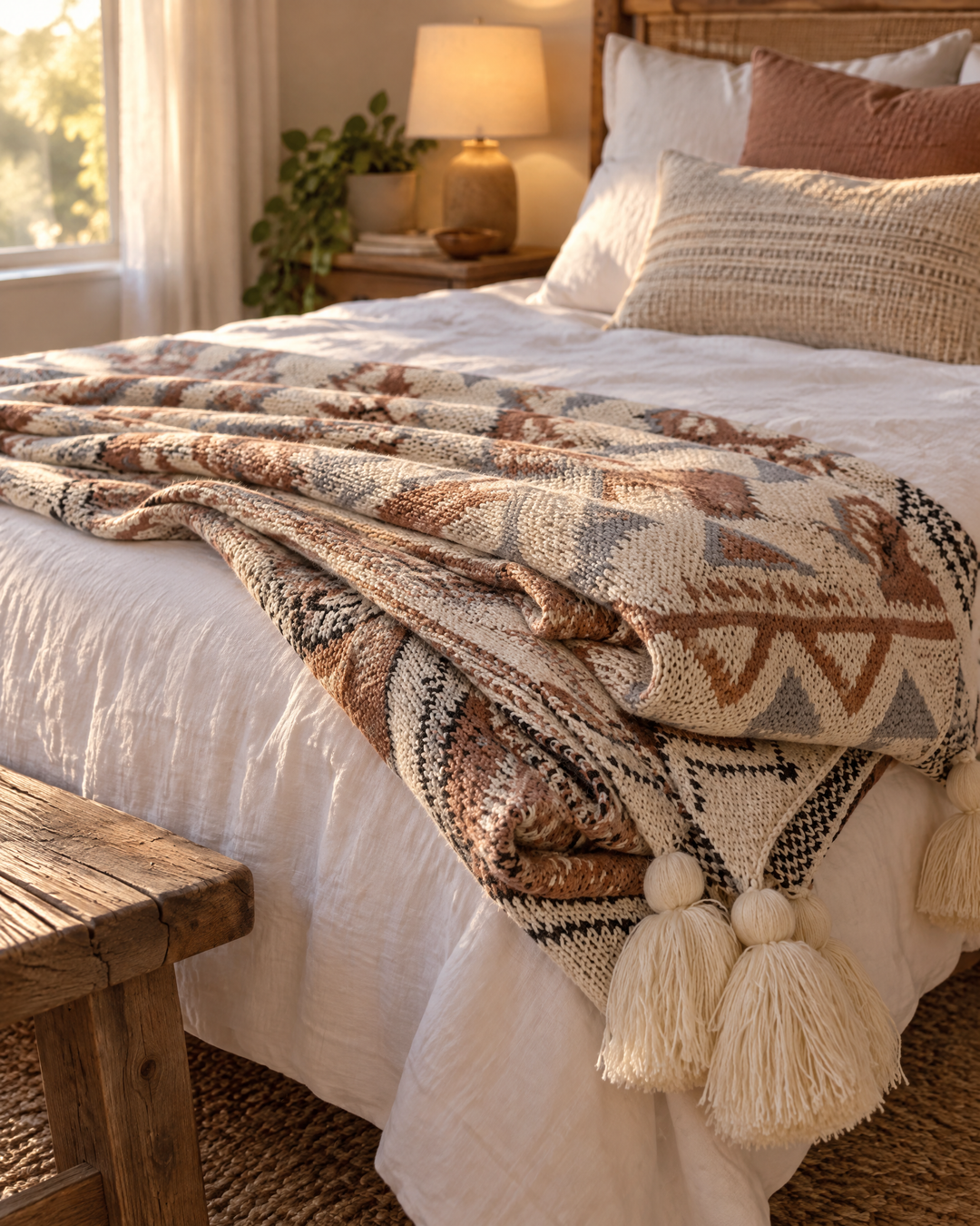 Colverro™ Boho Knit Throw Blanket with Tassels in Soft Neutral Beige