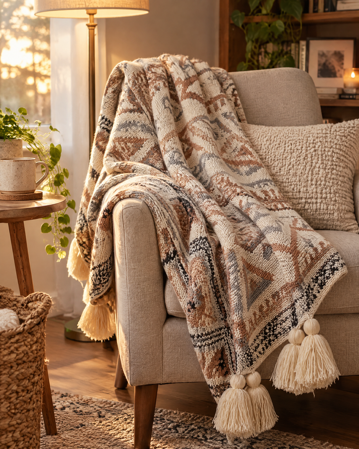Colverro™ Boho Knit Throw Blanket with Tassels in Soft Neutral Beige