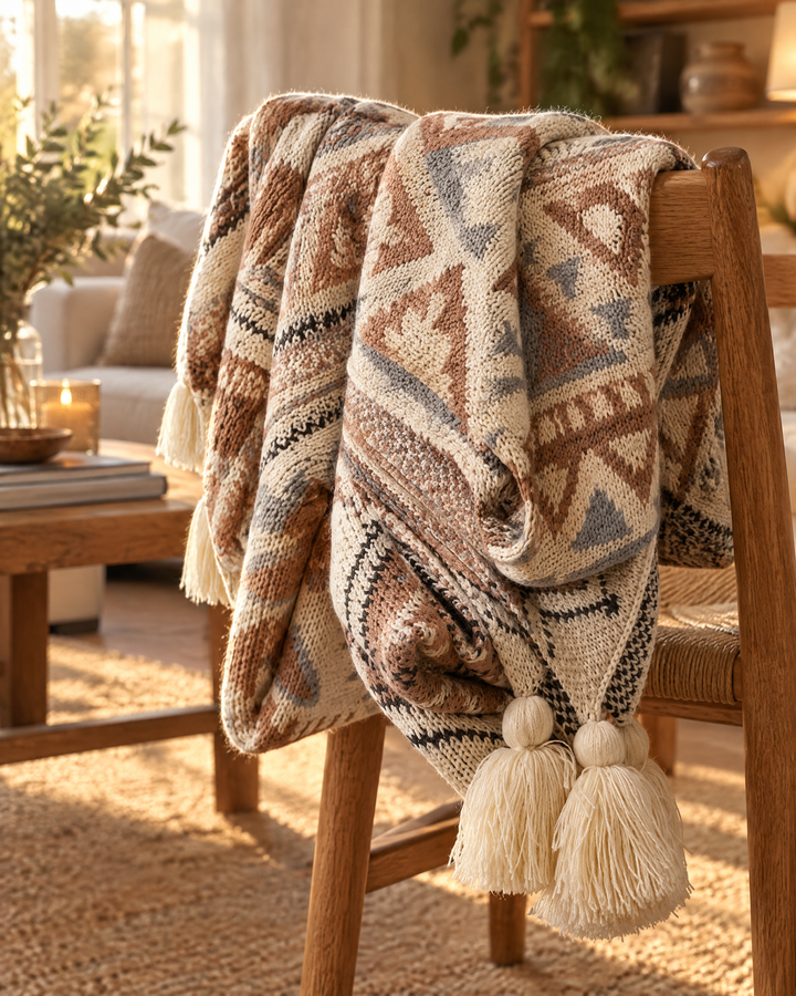 Colverro™ Boho Knit Throw Blanket with Tassels in Soft Neutral Beige