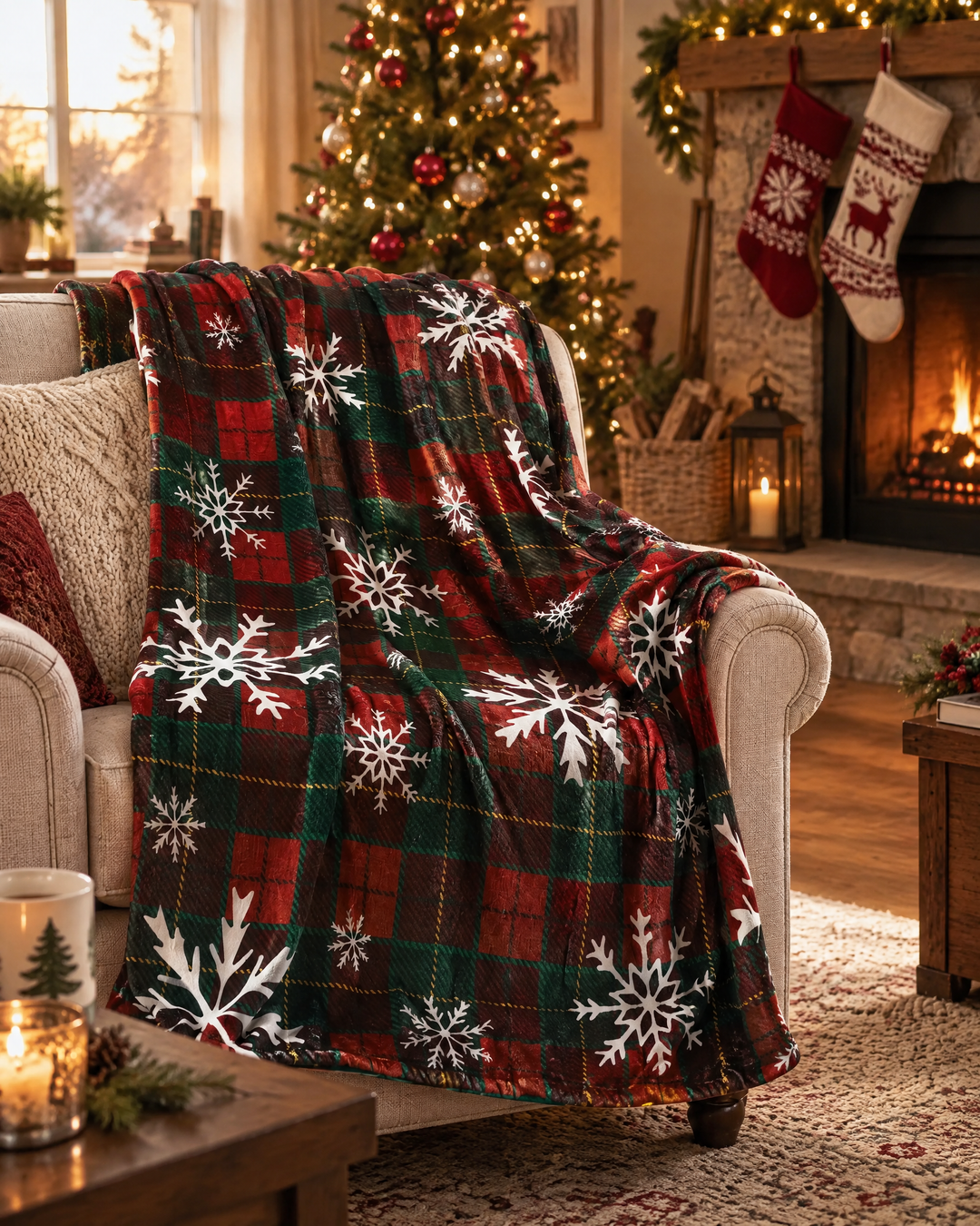 Colverro™ Christmas Buffalo Plaid Fleece Throw Blanket with Snowflakes