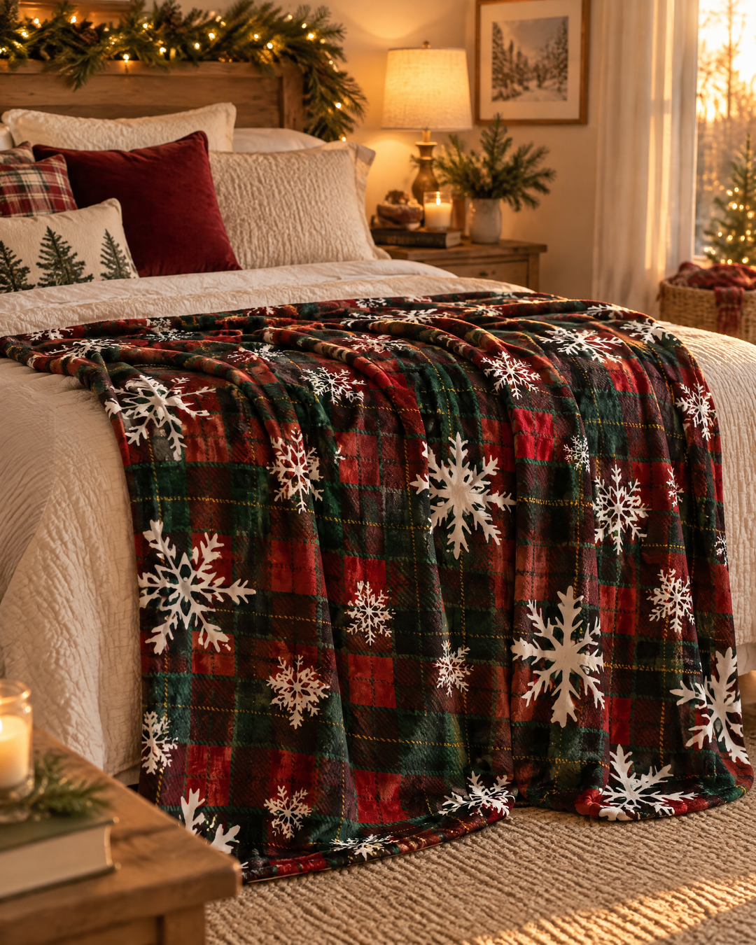 Colverro™ Christmas Buffalo Plaid Fleece Throw Blanket with Snowflakes