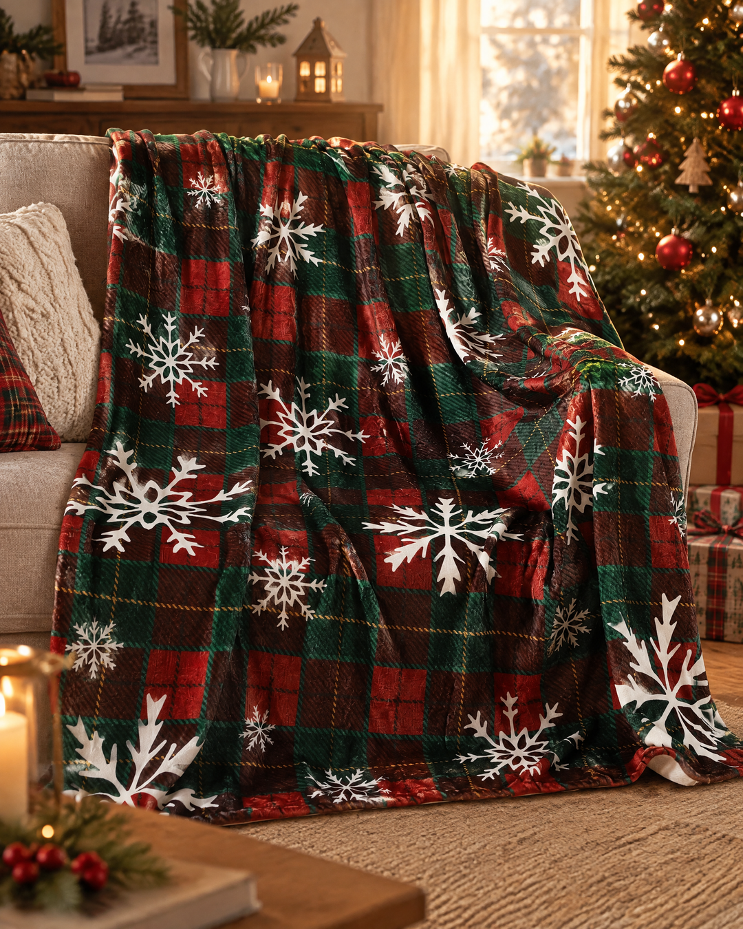 Colverro™ Christmas Buffalo Plaid Fleece Throw Blanket with Snowflakes