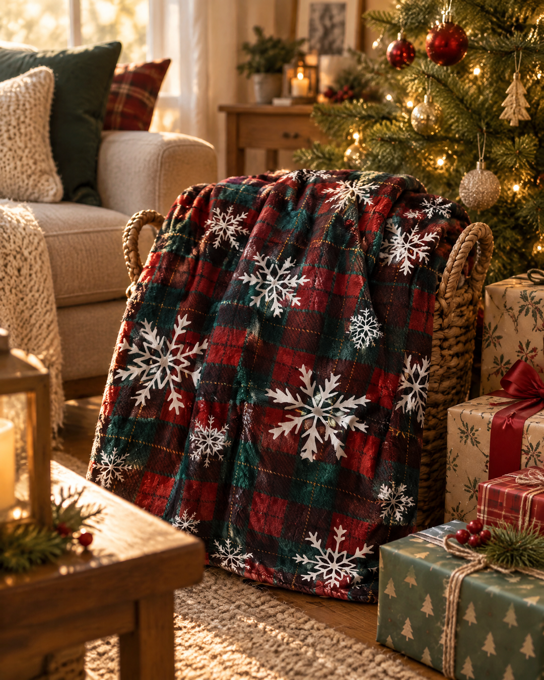Colverro™ Christmas Buffalo Plaid Fleece Throw Blanket with Snowflakes