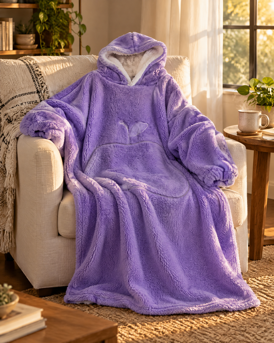 Colverro™ Extra Long Sherpa Blanket Hoodie for Adults with Big Pocket