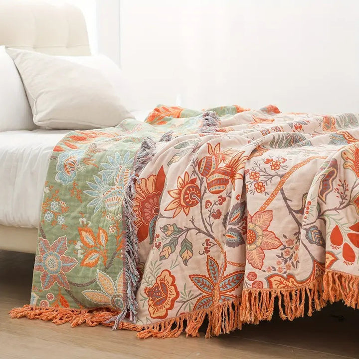 Colverro™ Boho Floral Cotton Throw Blanket with Fringe, Cream and Orange