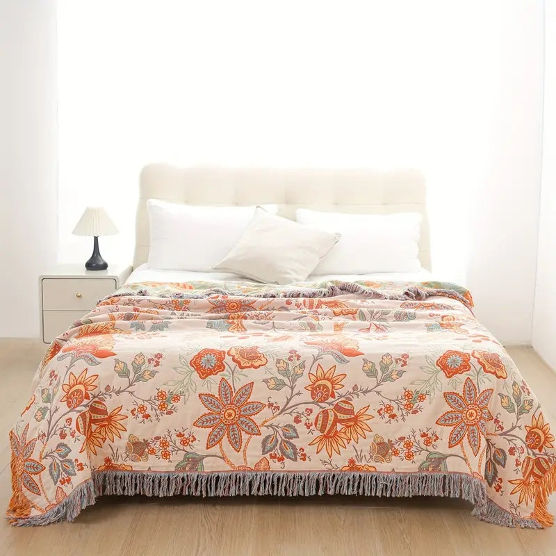 Colverro™ Boho Floral Cotton Throw Blanket with Fringe, Cream and Orange