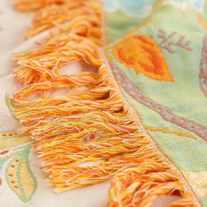 Colverro™ Boho Floral Cotton Throw Blanket with Fringe, Cream and Orange