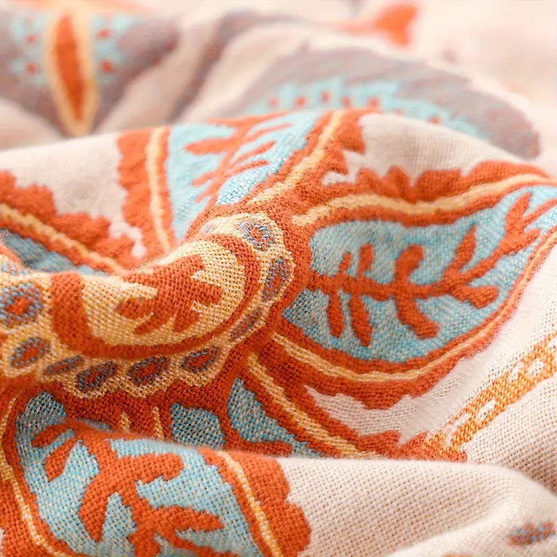 Colverro™ Boho Floral Cotton Throw Blanket with Fringe, Cream and Orange